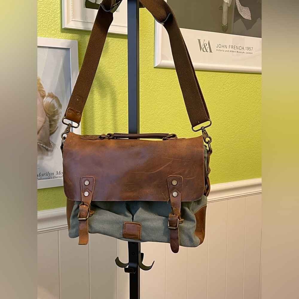 Leather and canvas messenger bag